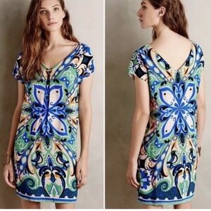 Anthropologie Maeve Blue Green Sheath Mini Dress V-Neck Cap Sleeve Size Medium